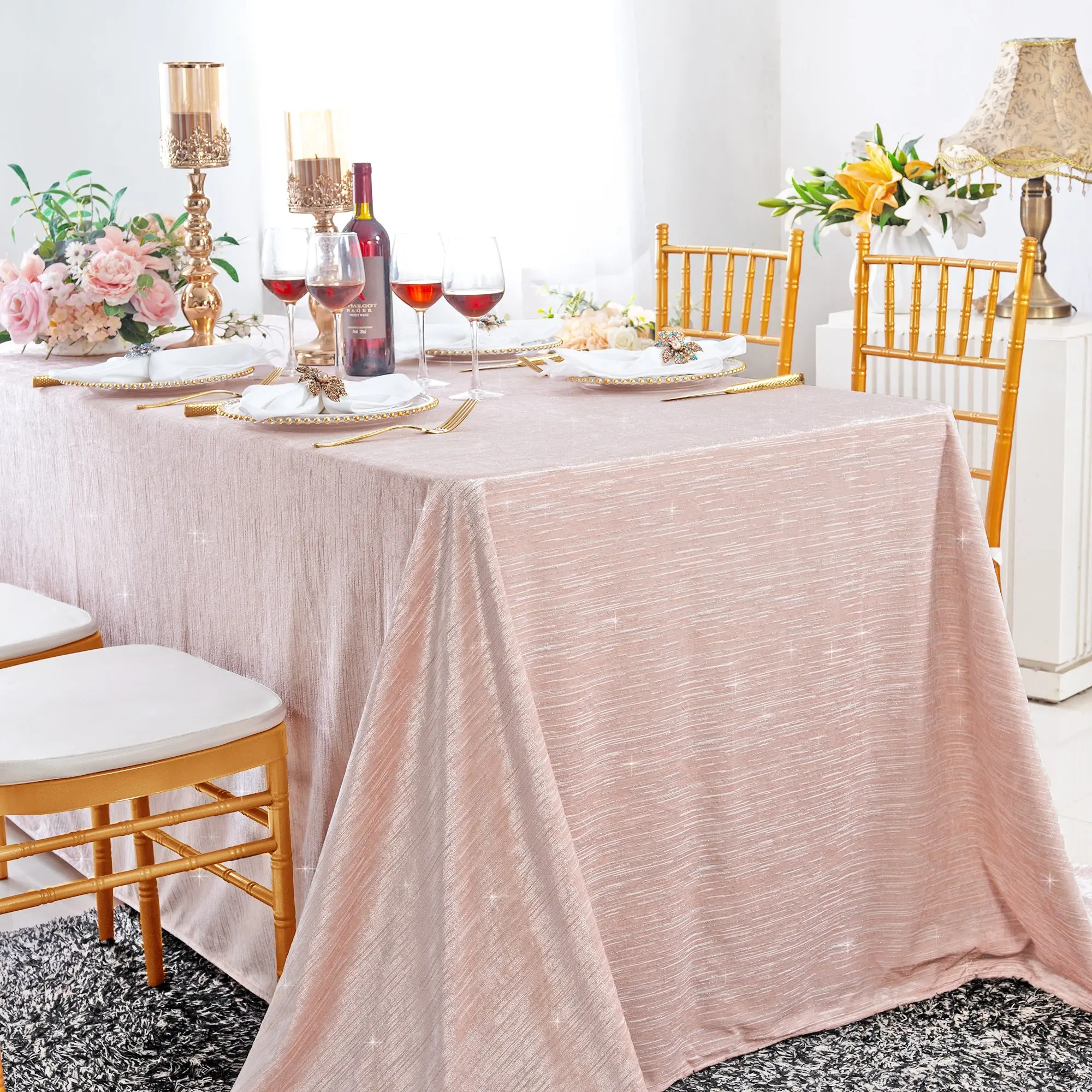 90"x156" Seamless Rectangular Chenille Shimmer Metallic Jacquard Velvet Tablecloth - Blush Pink/Rose Gold (1pc)