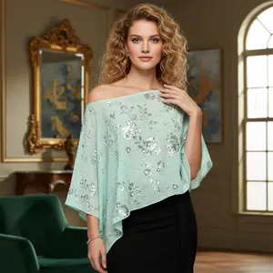 Women Poncho Tops Fashion Off One Shoulder Sequin Floral Decor Loose Fit Summer Cover Up Shawl Wrap