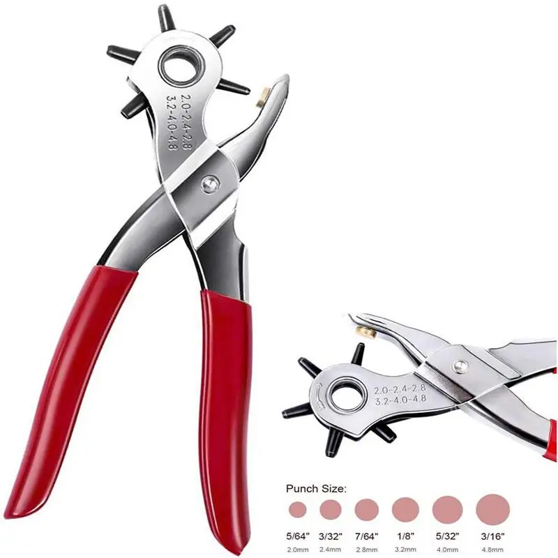 Heavy Duty 9" Leather Hole Punch Pliers, 6-Sized Card Punch Pliers with Brass Anvil & Ergonomic Design, New Specialty Hand Tool for Belts