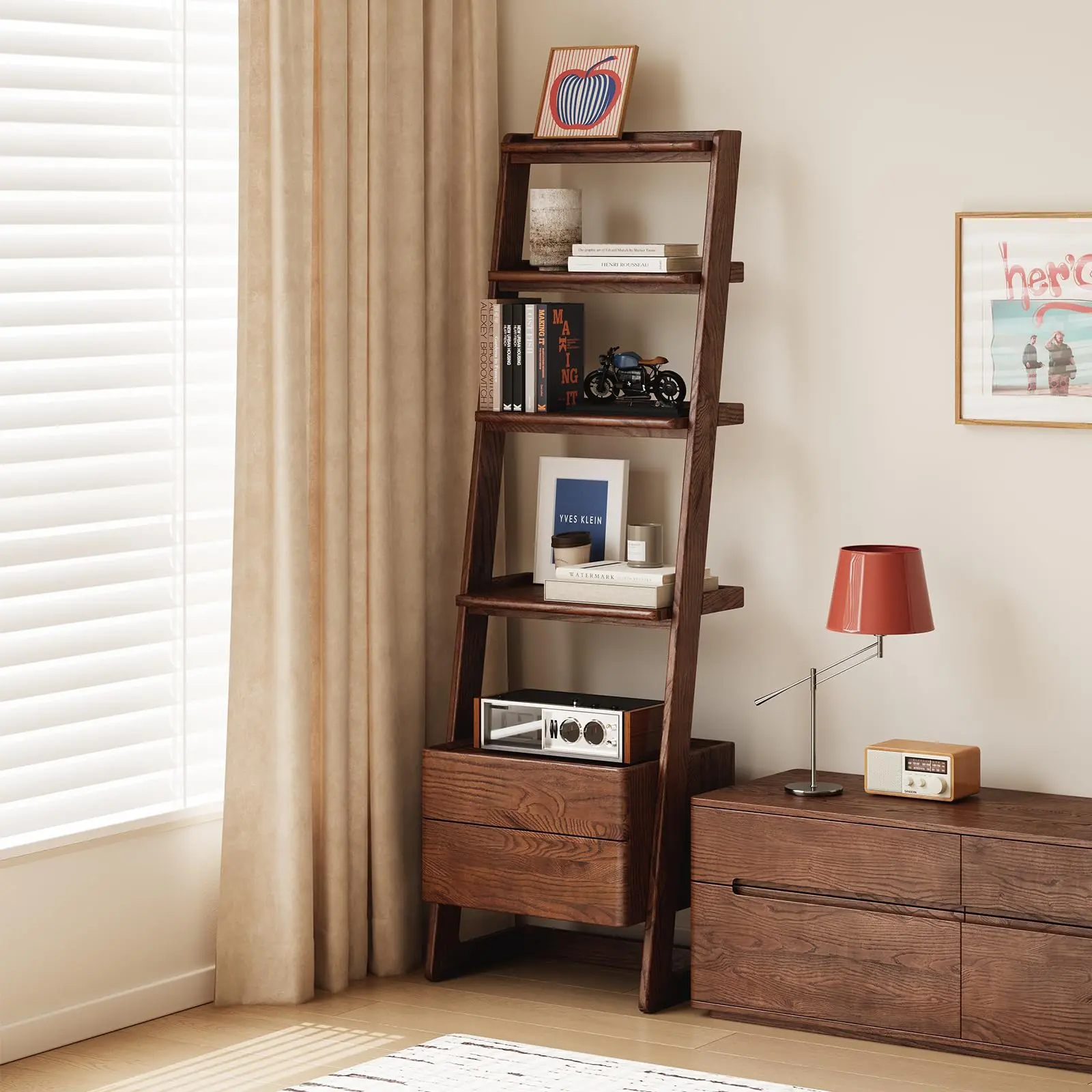 YESWOOD 100% Solid Wood 5 Tier Ladder Shelf, Narrow Ladder Bookshelf with Drawers, 63.78" Tall Wood Bookcase Storage Rack Organizer, Freestanding Storage Shelve for Living Room Bedroom