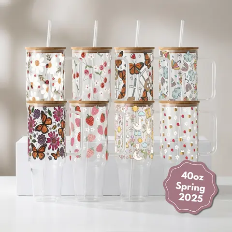 Spring 2025 40oz Plastic Tumbler with Handle, Lid & Straw, Iced Coffee Cup