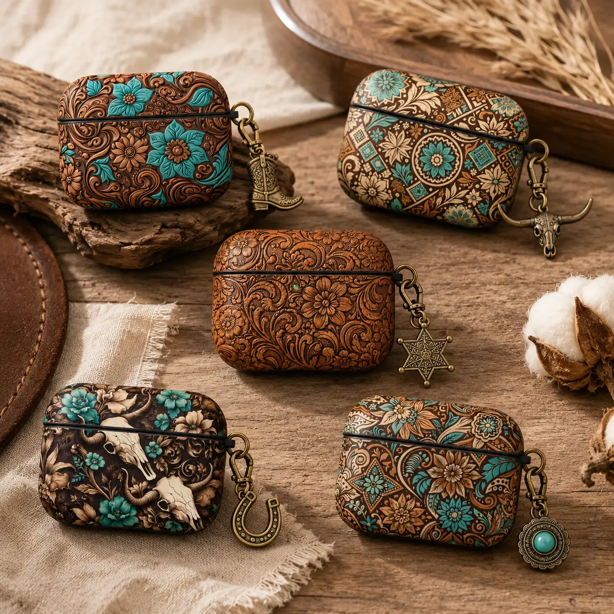 NO KEYCHAIN INCLUDED Long Horn Bull Skull Western Cowgirl Floral AirPods Case Collection, Turquoise Tooled Leather Print Style Cover for AirPods Gen 1 2 3 4 Gift