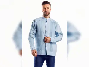 Men’s 100% Linen Mandarin Collar Resort Wedding Guayabera with Pleated Detailing