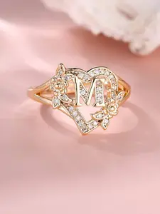 Adjustable Initial Heart Ring with Cubic Zirconia, A–Z Letter Open Cuff Ring for Women