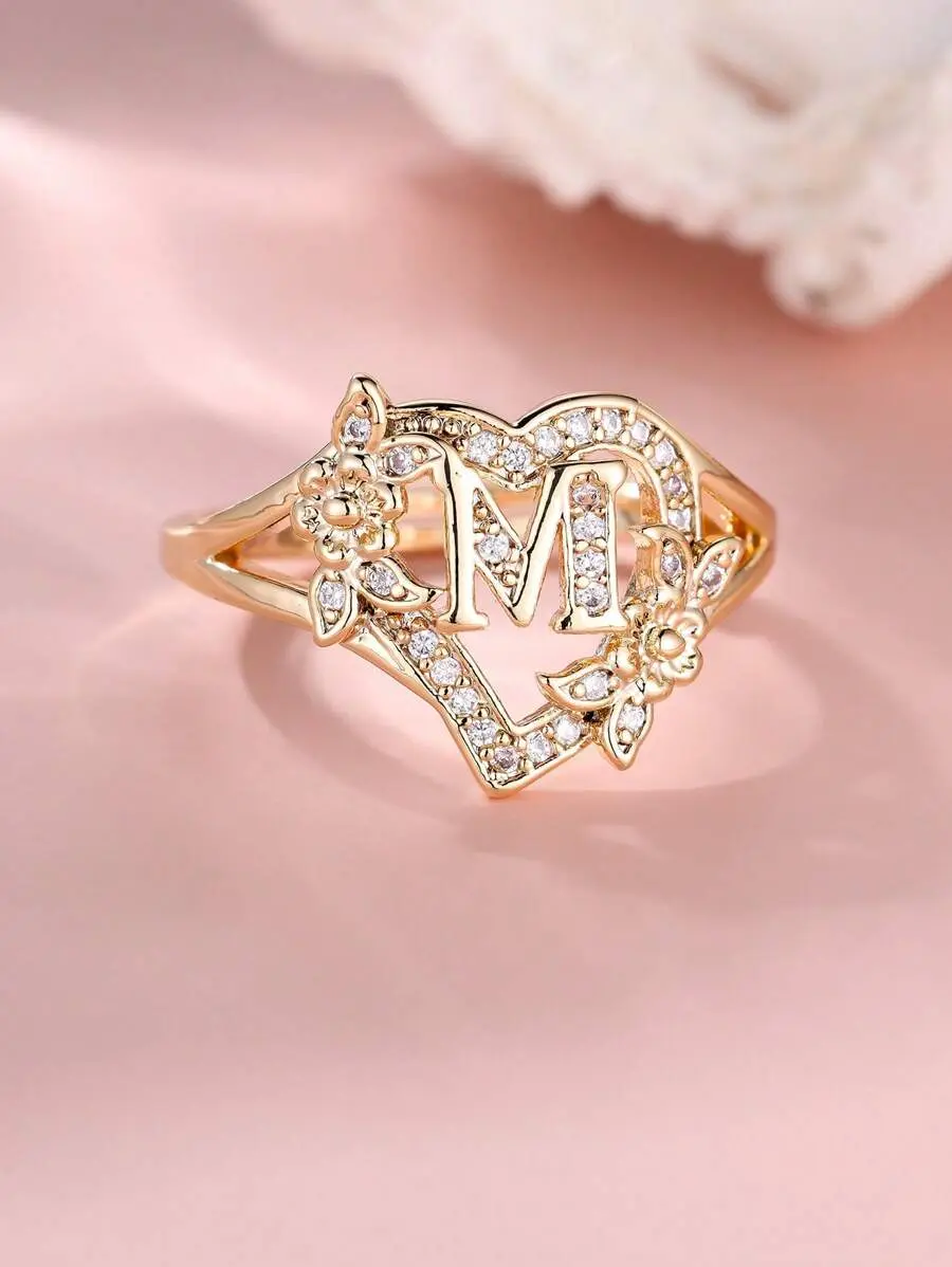Adjustable Initial Heart Ring with Cubic Zirconia, A–Z Letter Open Cuff Ring for Women
