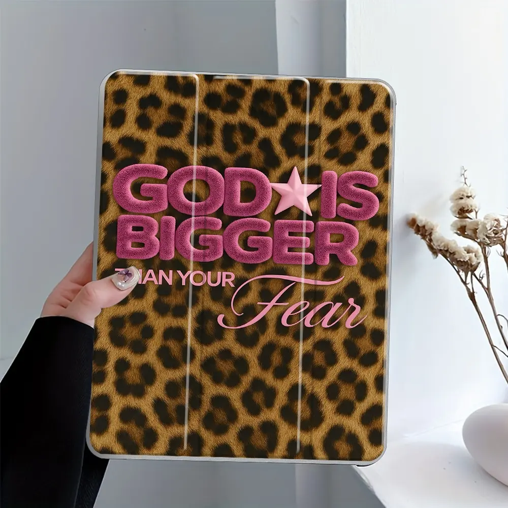 Vintage Leopard Print God Is Bigger Than Fear iPad Folding Stand Case, Tablet Cover, Tablet Accessories, Transparent Acrylic Back with Pencil & Charger Slots, Compatible with iPad 10.2 inch, Mini, Scratch-Resistant Ultra-Thin, Shockproof Protection Case