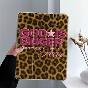 Vintage Leopard Print God Is Bigger Than Fear iPad Folding Stand Case Cover, Transparent Acrylic Hard Back with Pencil & Charger Slots, Compatible with iPad 10.2 inch, Mini, Pro, Air, Scratch-Resistant Ultra-Thin Design, Shockproof Full Protection Case