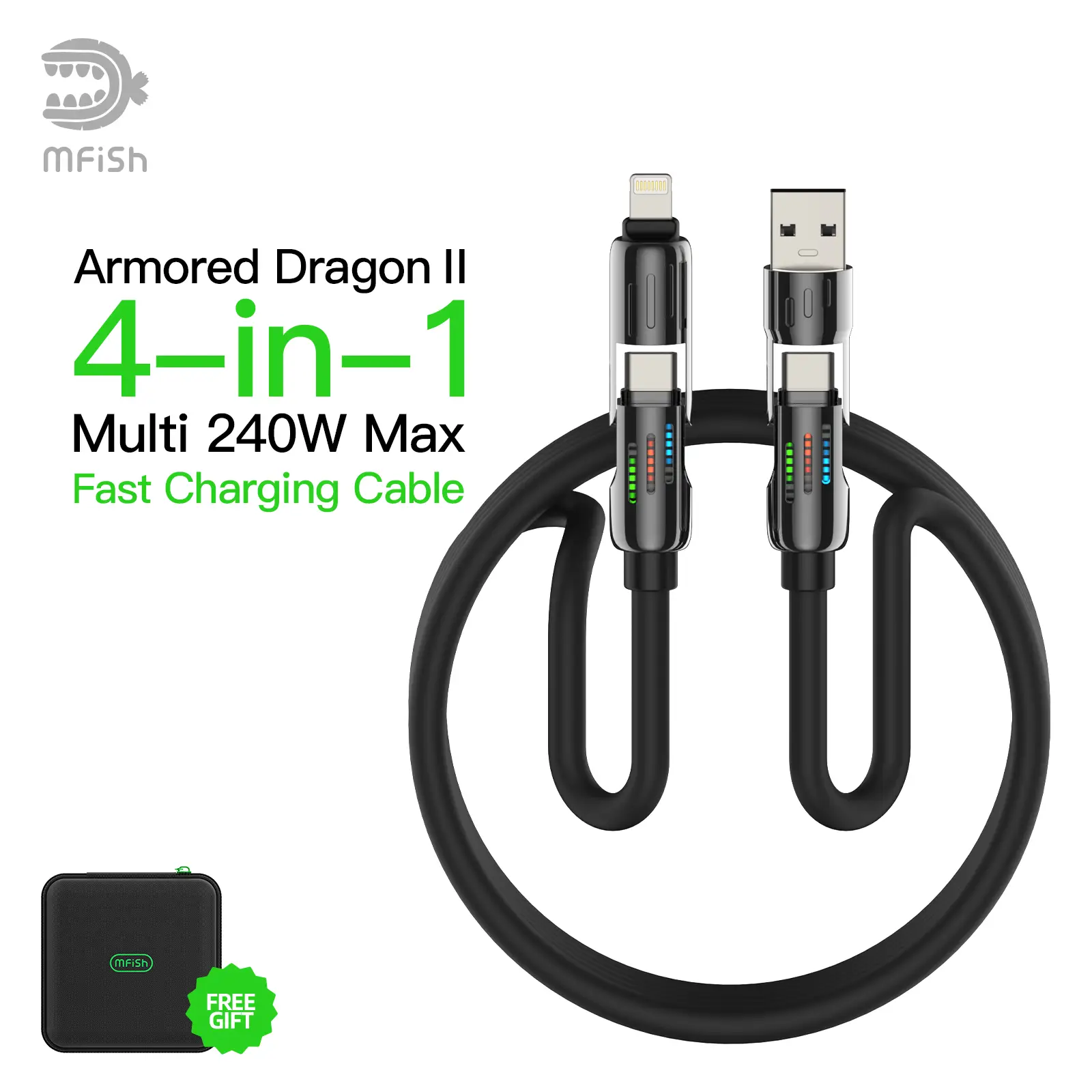 mfish Armored Dragon II Universal 4-in-1 Multi USB Charging Cable with USB A,Type C,Lightning-MAX 240W Fast Charging&Data Sync for iPhone&Samsung