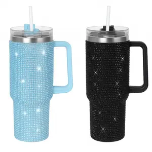 THIRSTEE- Pack of 2 (Black and Blue) Rhinestone 40oz Stainless Steel Insulated Tumbler with Handle and Straw – Travel Cup for Hot and Cold Beverages