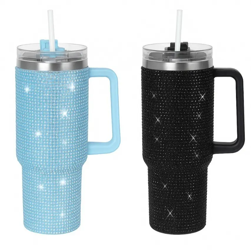 THIRSTEE- Pack of 2 (Black and Blue) Rhinestone 40oz Stainless Steel Insulated Tumbler with Handle and Straw – Travel Cup for Hot and Cold Beverages