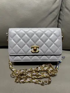 Pre-owned CHANEL HG Lambskin Quilted CC Pearl Crush Wallet on Chain WOC Grey