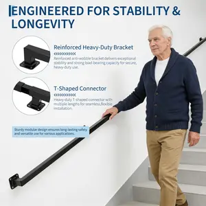 Modern Black Metal Stair Railing – Industrial Wall-Mounted Handrail for Indoor & Outdoor Safety – Heavy Duty Support Bracket – 500lbs Load Capacity – Ideal for Loft, Porch, Deck