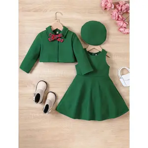 Girls' Elegant Set 3-Piece, Bowknot Jacket + Beret + Tank Dress Set, Children's Spring Autumn Christmas Outdoor Wear