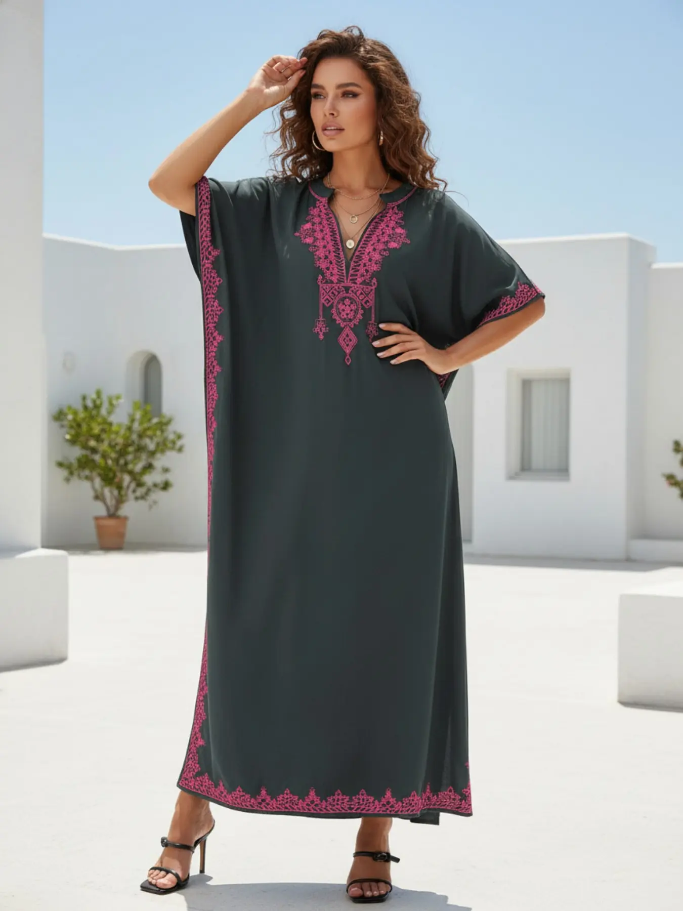 EDOLYNSA kaftans for woman embroidery caftan Soft house robe vacation beach wear bathing suit cover up comfy lounge wear versatile Arabic outfits casual kaftan dresses Q1545