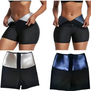 2 Pack Women's High Waist Sauna Shorts, Blue & Silver Coated Workout Shorts, Adjustable Waist Trainer Sweat Shorts for Fitness