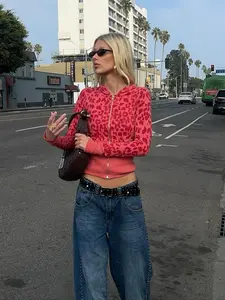 Women's High Street Y2K Leopard Print Hooded Sweatshirt Jacket, Casual Long Sleeve Pullover for Spring & Fall Fashion, Womenswear