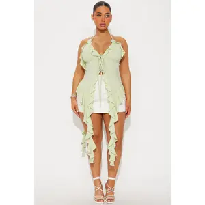 FASHION NOVA Women's Ribbed Flyaway Halter Tank Top - Sage