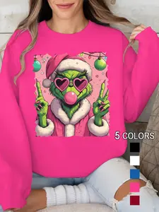 Funny Christmas Grinch Print Fleece Sportswear Sweatshirt, Festive Holiday Top, Perfect Gift for Christmas Season