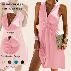 Imily Bela Women's V Neck Front Knotted Sleeveless Tank Dress Summer Solid Casual A Line Dress