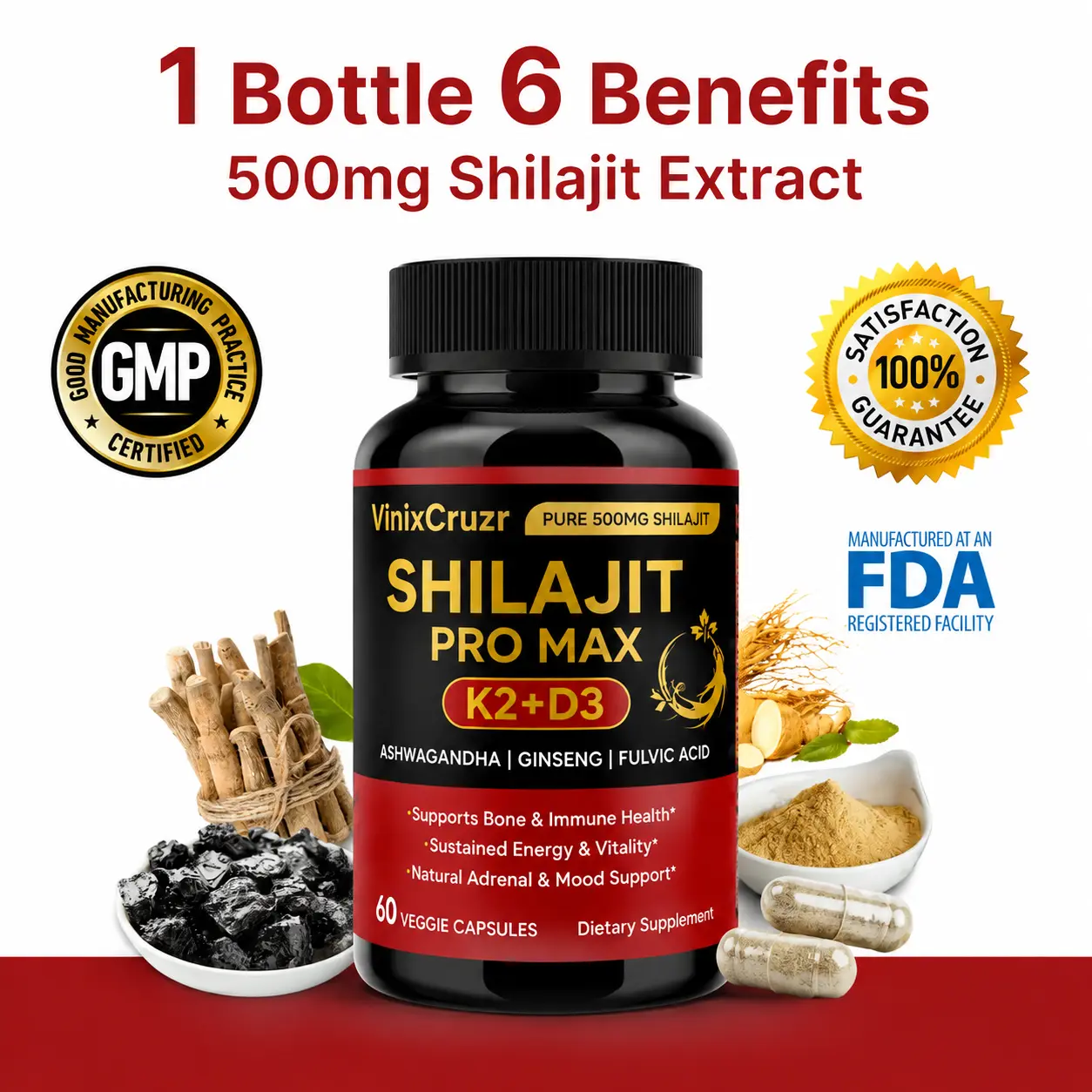 VinixCruzr Optimal Shilajit PRO MAX with K2 & D3 - 60 Capsules - Premium Fulvic Acid & 84+ Minerals for Immune Support, Energy & Anti-Aging