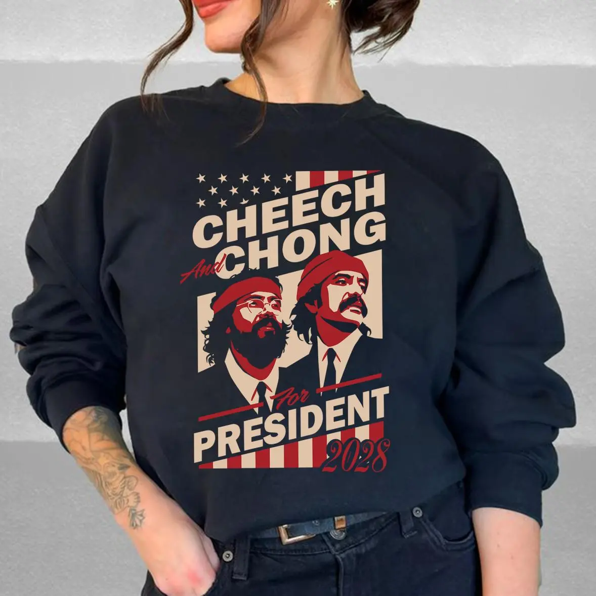 Retro Comedy Duo Cheech and Chong for President 2028 Sweatshirt, Tshirt and Hoodie – Funny Election Parody Crewneck, Vintage