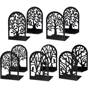 5 Pairs of Decorative Tree Bookends for Shelves Heavy Duty Black Metal Book Stoppers for Home Office School L Shaped Non Slip Pads Durable Metal Construction