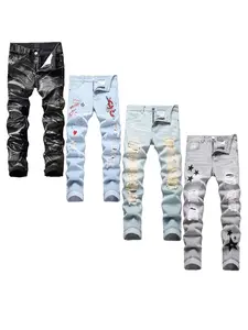 Men's Motorcycle Zipper-Decorated Jeans, Slim-Fit Jeans, Ripped Skinny Jeans, Casual and Stylish Straight-Leg Comfortable Mid-Rise Cargo Jeans, Men's Street-Style Trendy Long Jeans with Standard Pockets