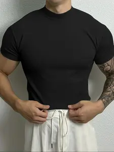 Men's Solid Ribbed Mock Neck Tee, Casual Comfy Stretchy Short Sleeve T-shirt for Daily Wear, Men's Top for All Seasons, Menswear