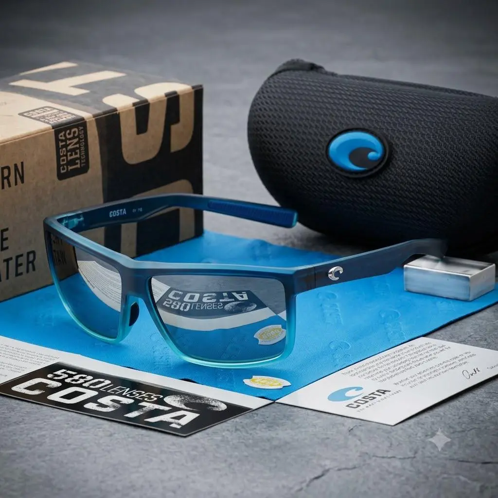 Full Box Costa Del Mar Rinconcito Costa 580G Men’s Polarized Sunglasses Black Frame Blue Mirror Lens UV400 Fishing Driving Outdoor Sport Glasses with Case Box