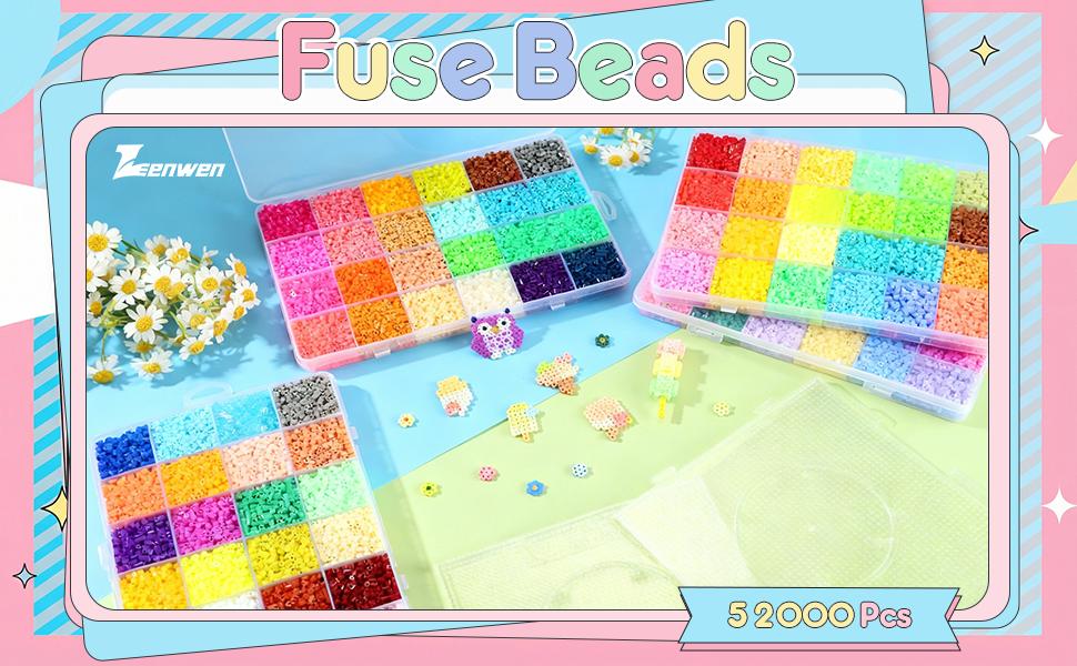 Lenwen 52000 Pcs Fuse Beads 96 Colors 2.6 mm Tiny Mini Fuse Beading Melty Beads with Pegboards Creative Refill Set Art Crafts for Girls Kids Beginners DIY Art Beading Party