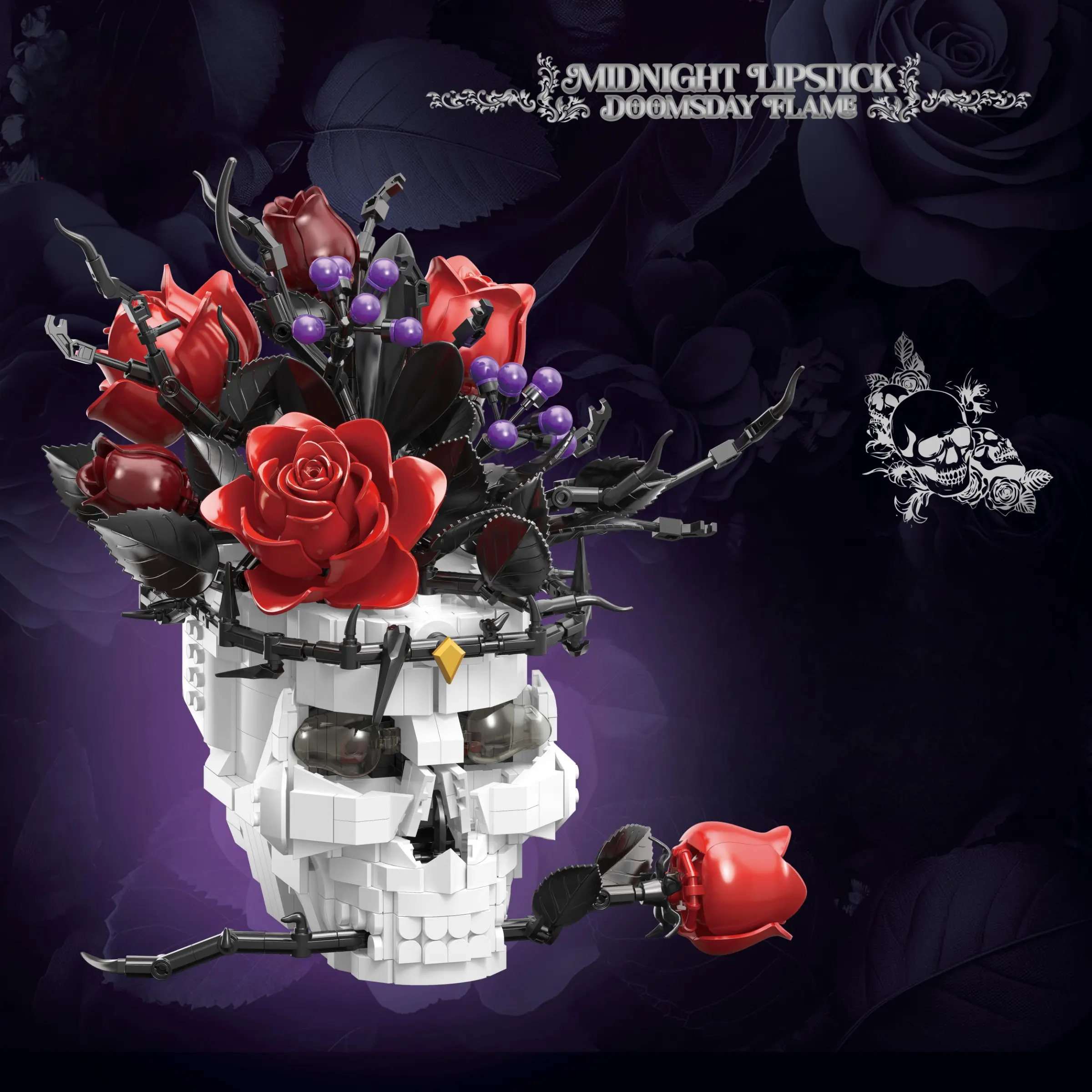 Skull Rose Building Block Set, Gothic Horror Style with Red Roses, 1376 Pieces per Set, Stem Building Blocks, Creative Building Set, DIY Building Model, Ideal for Home Art Decor, Perfect Holiday Gift for Adults