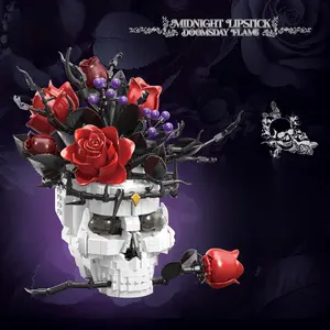 Skull Rose Building Block Set, Gothic Horror Style with Red Roses, 1376 Pieces per Set, Ideal for Home Art Decor, Perfect Holiday Gift for Adults