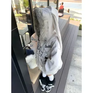 American Y2k Subcultural Print Coat Women's Cute Rabbit Eared Hoodie Sweatshirts Autumn Winter Thicked Warm Tops Mujer Hoodie Womenswear Long Sleeve Casual Love