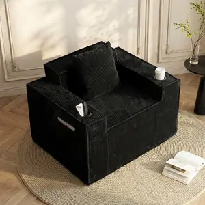 41.5"Black Single sofa,Boneless Chair,Corduroy Cloud Sofa for Living Room, 2 Cup Holders, 2 Storage Pockets, No Assembly Required
