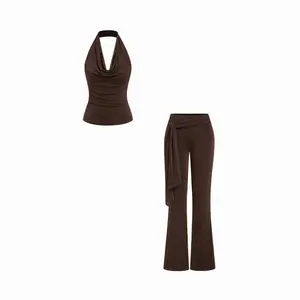 Cider Cowl Neck Ruched Top & Knot Asymmetrical Flared Trousers Set