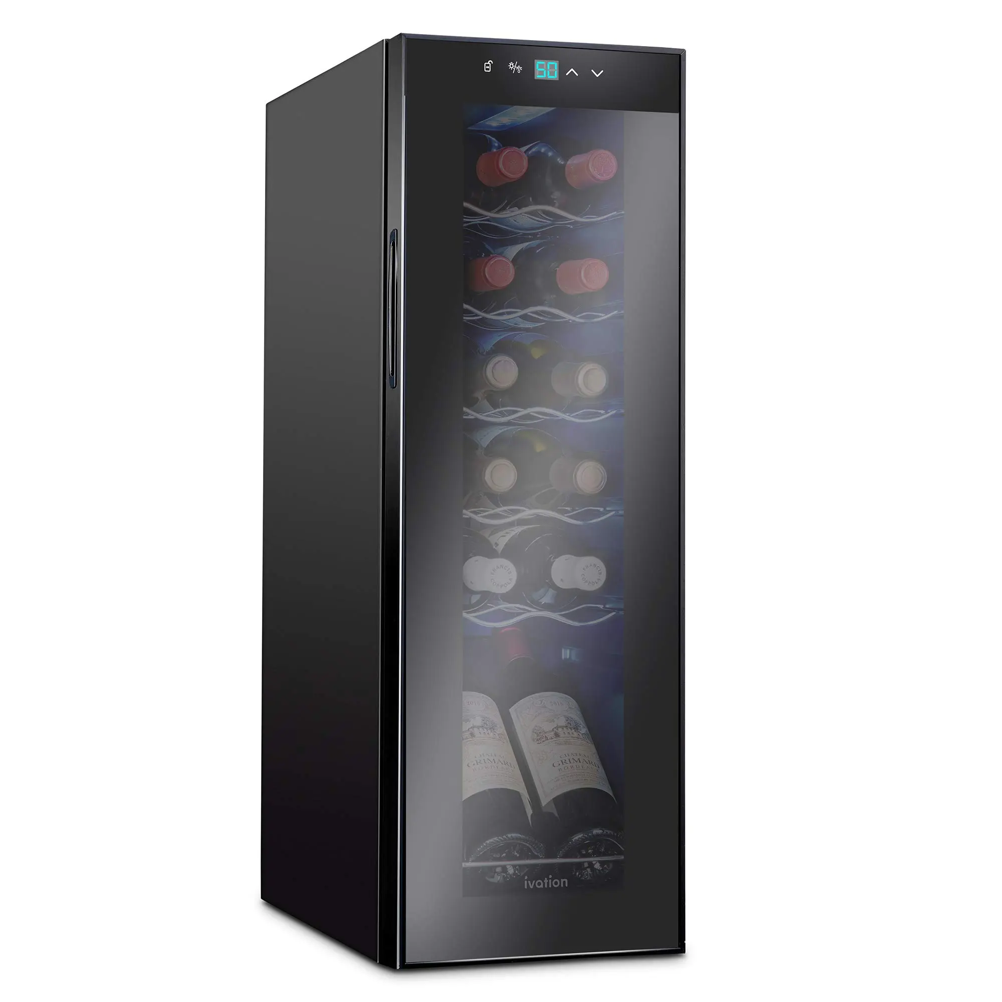 Ivation 12 Bottle Compressor Wine Cooler Refrigerator | Large Freestanding Wine Cellar For Red, White, Champagne or Sparkling Wine | 41f-64f Digital Temperature Control Fridge Glass Door Black