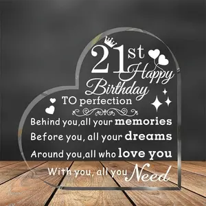 21st Birthday Heart Acrylic Engraving Sign - Vintage Style "Happy 21st Birthday" Quote, with Floral and Star Design, Without Frame, Home Desktop Decoration