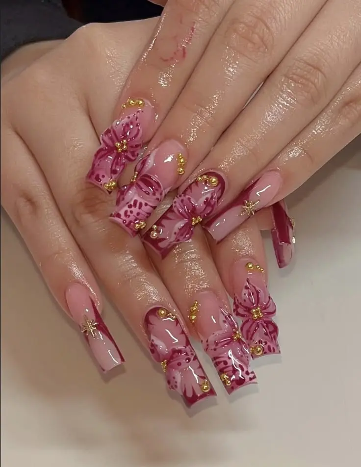 Y2K Floral Press On Nails Extra Long Square Pink Dark Red Fake Nails with 3D Flowers Gold Beads Star Charms Coquette Aesthetic Full Cover False Nails Baddie Sweet Reusable Acrylic Manicure Kit for Women Party Salon Quality