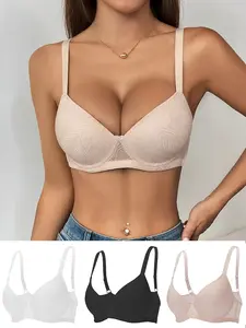3pcs Solid Jacquard Underwire Bra Set - Luxurious,Push Up for EnhancedCleavage-Comfortable, Seamless & Supportive - Adjustable, Breathable Lingerie for Daily Wear- Women's Intimate Collection Womenswear,Everyday,have bra,contour bra,bra pack