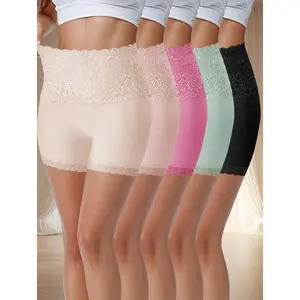 QUASTI Women's 5-Pack High-Waisted Cotton Lace Boxer Panties, Basic Minimalist Boy Shorts with Soft Breathable Seamless Fit, Hip Lift, Flat Corners, Leg Comfort, Assorted Colors S-XXL