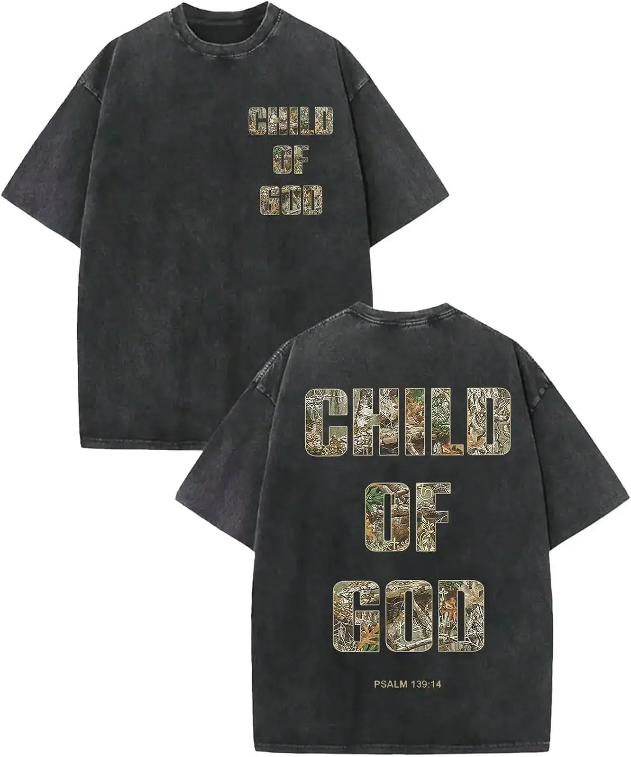 Men's Oversized Camo Cotton Graphic Tee - Unisex Acid Washed Streetwear, Casual Round Neck Short-Sleeve, Double-Sided Christian Graphic, Baggy Relaxed Fit, Soft Vintage Menswear Top