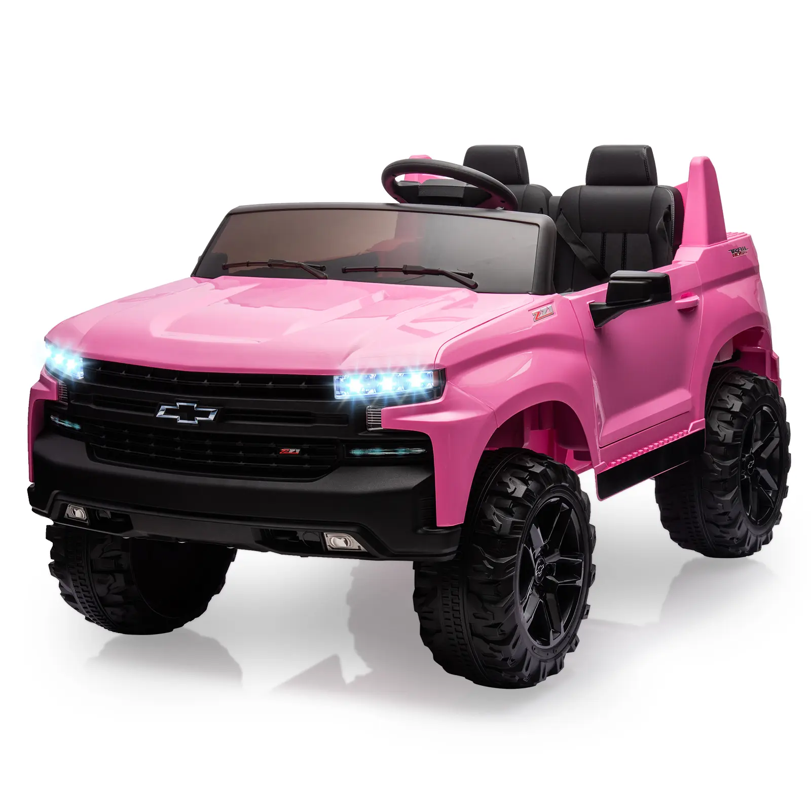 【Christmas Gift】Licensed 24V Chevrolet Silverado 2-Seater Kids Ride On Car, Pink, With Remote Control, LED Headlights, Music, Powerful Dual Motors, Outdoors, Metal Frame, Authentic Details, High Quality Plastic