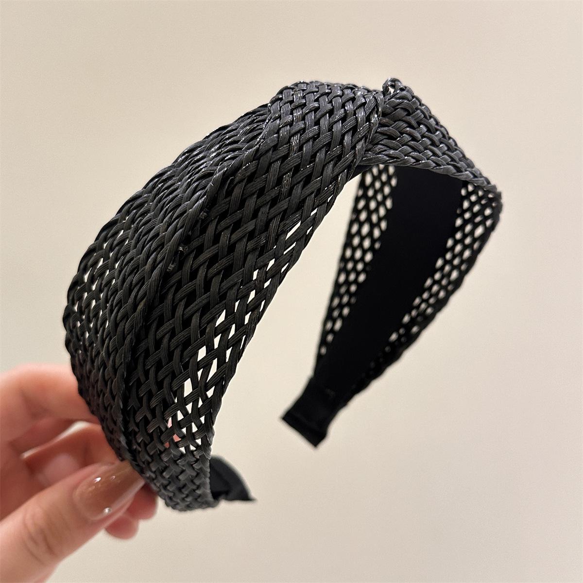 2PCS Summer Fresh Resort Style Straw Braided Knotted Cross Headband Handcrafted Weave with High Crown to Flatter Face Shape Wide-Brimmed Headband