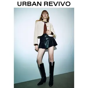 URBAN REVIVO Women's Fitted Crew Neck Long-Sleeve Tweed Patch Pocket Coat - 2025 Elegant Polyester Outerwear, for Casual OOTD