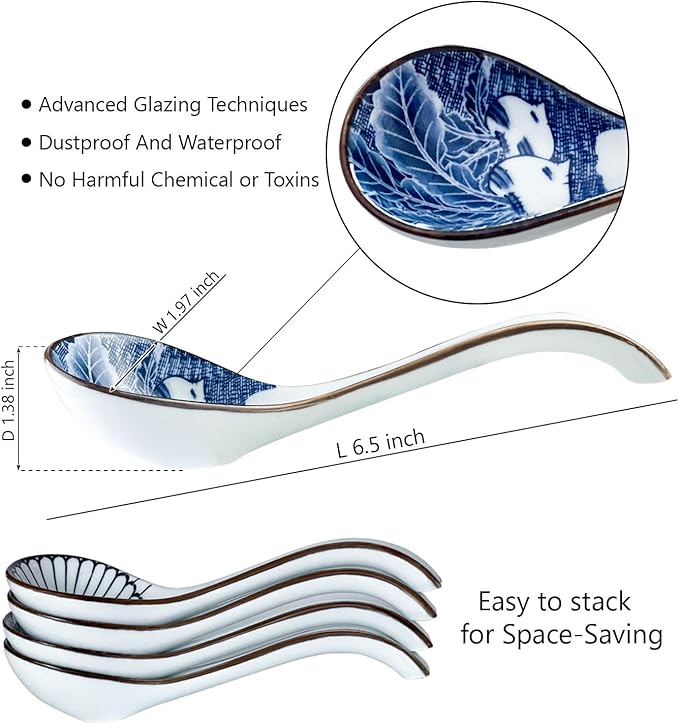 Asian Ceramic Soup Spoon, with Long Handle Easy to Hold, Non-slip Bottom, for Japanese Ramen, Chinese and Vietnamese Wonton, Noodle Soup Spoons (V86) Tableware Cutlery