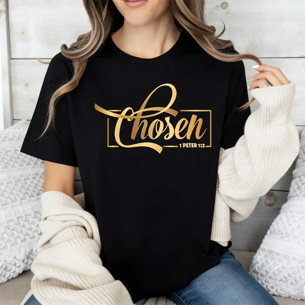 Chosen Bible Verse 1 Peter 2 9 Printed T Shirt White Crewneck Casual Everyday Wear