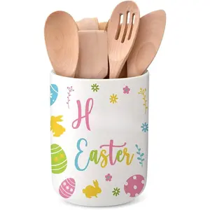 6.3'' Easter Ceramic Utensil Holder Kitchen Decoration Colorful Spring Egg Bunny Utensil Holder Ceramic Utensils Crock for Rustic Farmhouse Indoor Kitchen Decorations