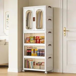 27.6 in/70cm Foldable Rolling Plastic Wardrobe with Swivel Wheels, Stackable Closet Organizer with Hanging Rod & Magnetic Clear Doors, Dustproof Armoire for Bedroom Dorm, 2/3/4 Tier Collapsible Dresser, Movable Linen Toy Storage for Small Apartments