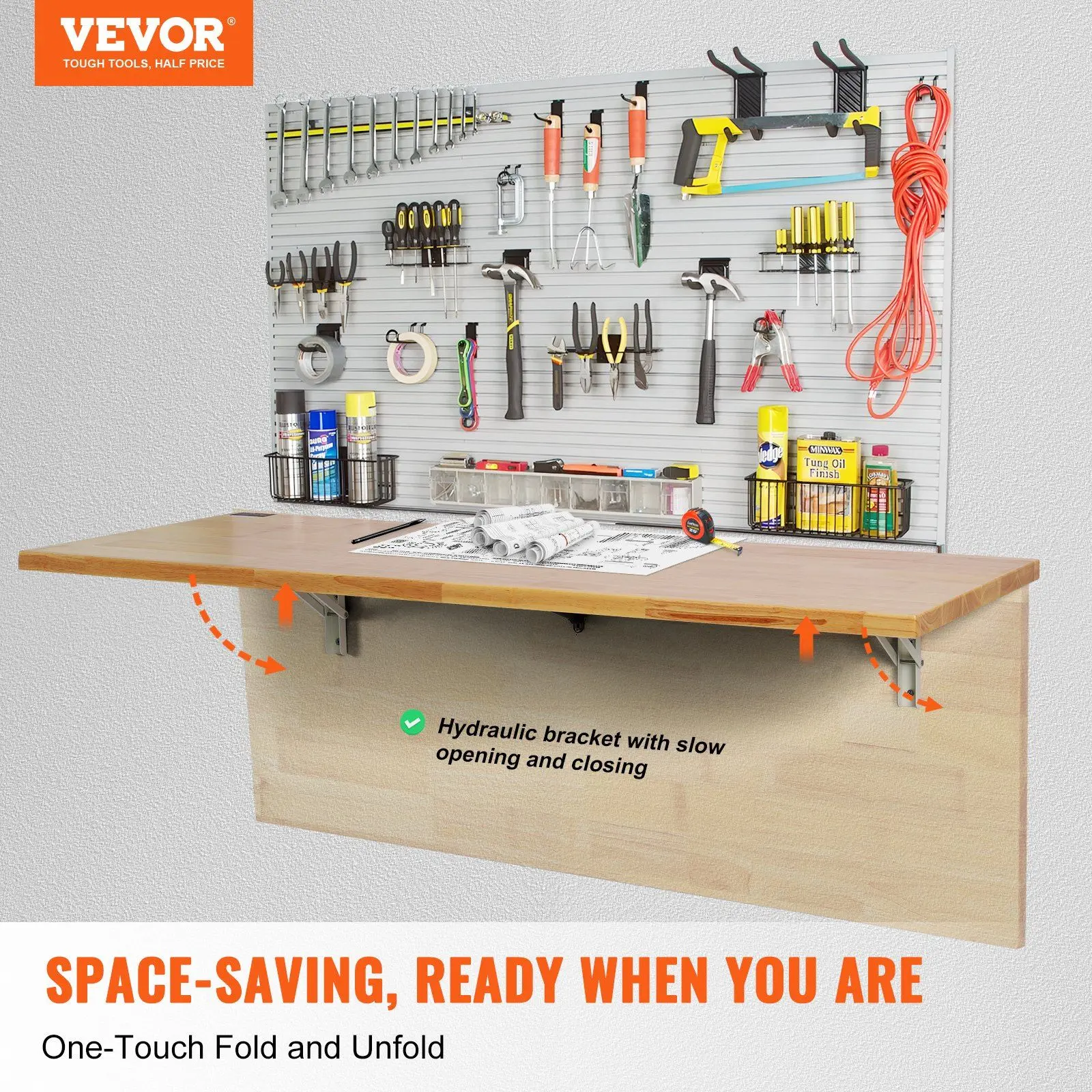 VEVOR Wall Mounted Folding Natural Wood Table, 47.2x19.7in Durable Floating Desk with Metal Iron Bracket, No-Tablet Clutter Space-Saving Tool Organizer for Home Office Decor, Room Decor
