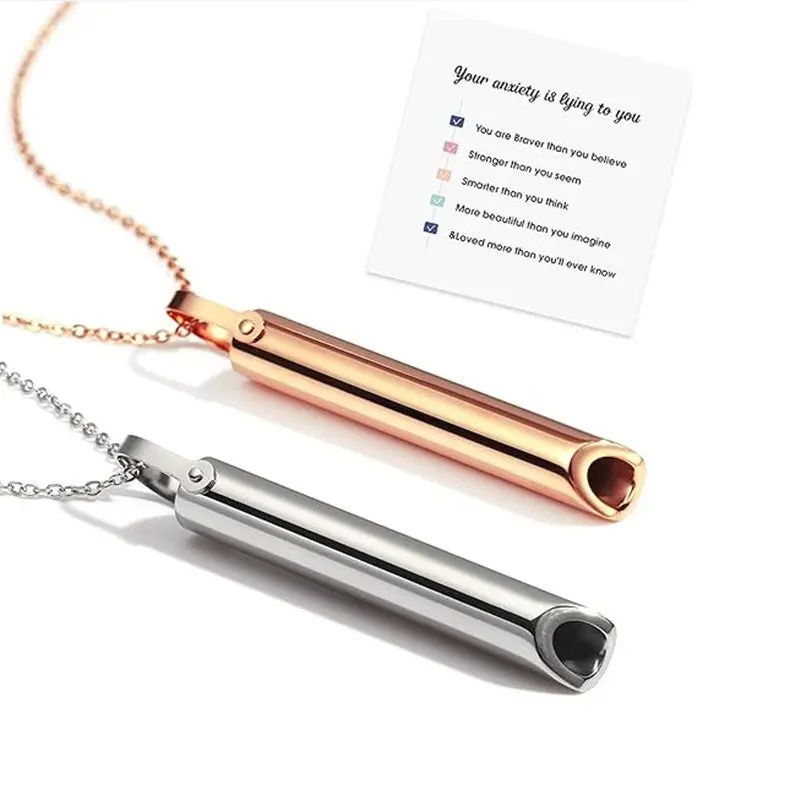Cross-border Amazon Hot Sale Stainless Steel Whistle Decompression Anxiety Meditation Mindfulness Breathing Yoga Titanium Steel Pendant Necklace